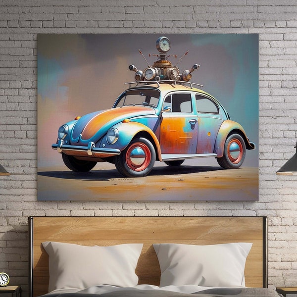 Classic Vw Bugs Fine Art Vintage Vw Beetle Clockpunk Art Rolled Canvas Poster Vw Beetle Wall Art Classic Volkswagen Art Dad'S Car Guy Gift