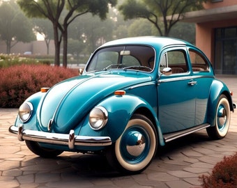 Classic Vw Bug Blue Volkswagen Beetle Rolled Canvas Poster Wall Art Vintage Vw Car Home Decor Wall Art Historical Automotive Garage Print