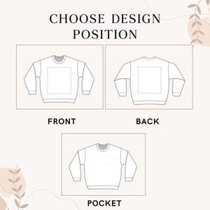 May include: Diagram showing design placement choices on a sweatshirt: front, back, and pocket. The text "CHOOSE DESIGN POSITION" is at the top. Each option features a line drawing of a sweatshirt with a dotted square indicating the design area.