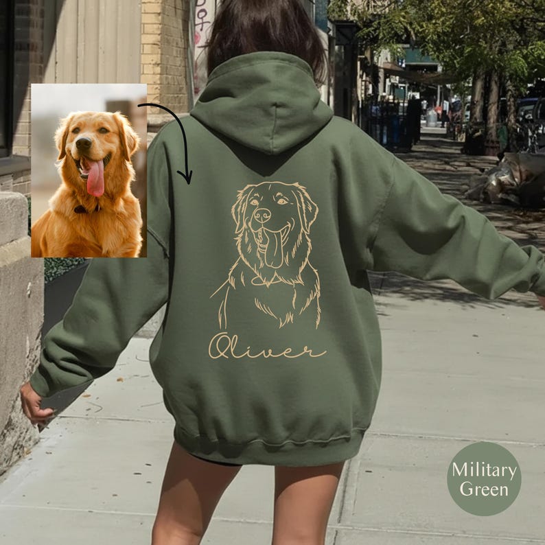 May include: Military green hoodie featuring a golden retriever sketch and the name "Oliver". The hoodie also has a photo of a golden retriever. A casual, comfortable style, perfect for dog lovers.