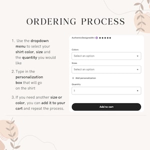 May include: Image detailing the ordering process for a shirt. Instructions include selecting color, size, and quantity from dropdown menus, adding personalization, and adding the item to the cart. The text "ORDERING PROCESS" is at the top.