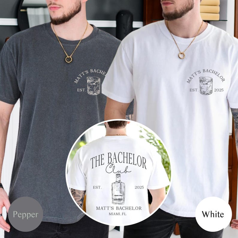 May include: Two short-sleeved t-shirts, one pepper-colored and one white, featuring a graphic of a cocktail glass and the text "MATT'S BACHELOR EST. 2025". The back of the white shirt displays "THE BACHELOR CLUB" and "MATT'S BACHELOR MIAMI, FL".