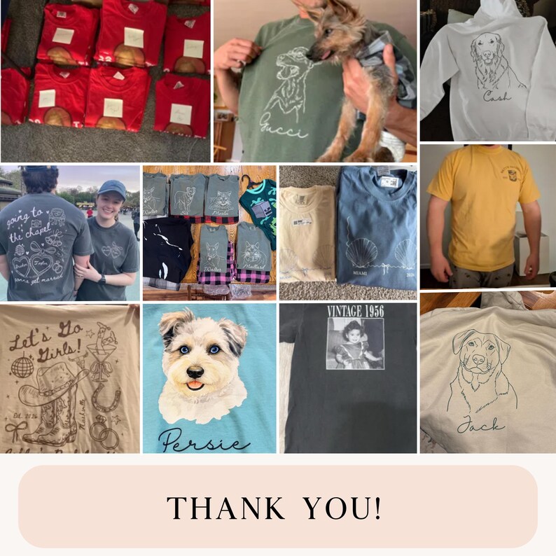 May include: A collection of various t-shirts in different colors, featuring graphic designs. Some shirts have pet portraits, others have text like "Gucci", "Going to the Chapel", and "Let's Go Girls!". The image also includes a "Vintage 1956" shirt.