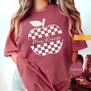 Custom Teacher Shirt Teacher Shirt Pink Trendy Teacher Appreciation Gifts Retro Apple Teacher Name T Shirt Personalized Checker from Student