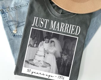 Custom Photo Just Married 40, 50 Years Ago T-Shirt 40th Anniversary Gift Personalized Couple Matching Tees Mrs And Mr Shirts Married Wedding