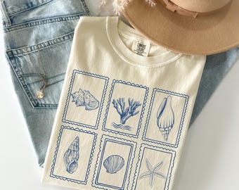 Comfort Colors SeaShell Shirt, Preppy Beach T-Shirt, Gift for Teen Girls, Coastal Aesthetic Tee Oversized Ocean Lover SeaShell T-Shirt Beach