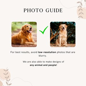 May include: A graphic titled "PHOTO GUIDE" showing two images of a Golden Retriever dog. The text advises against blurry photos and states designs can be made of any animal and people.