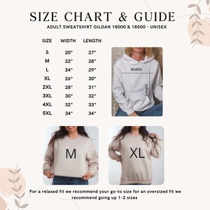 May include: Size chart and guide for adult unisex sweatshirts, with measurements in inches. Sizes range from S to 5XL. The chart shows width and length. The image includes examples of how the sweatshirts fit.