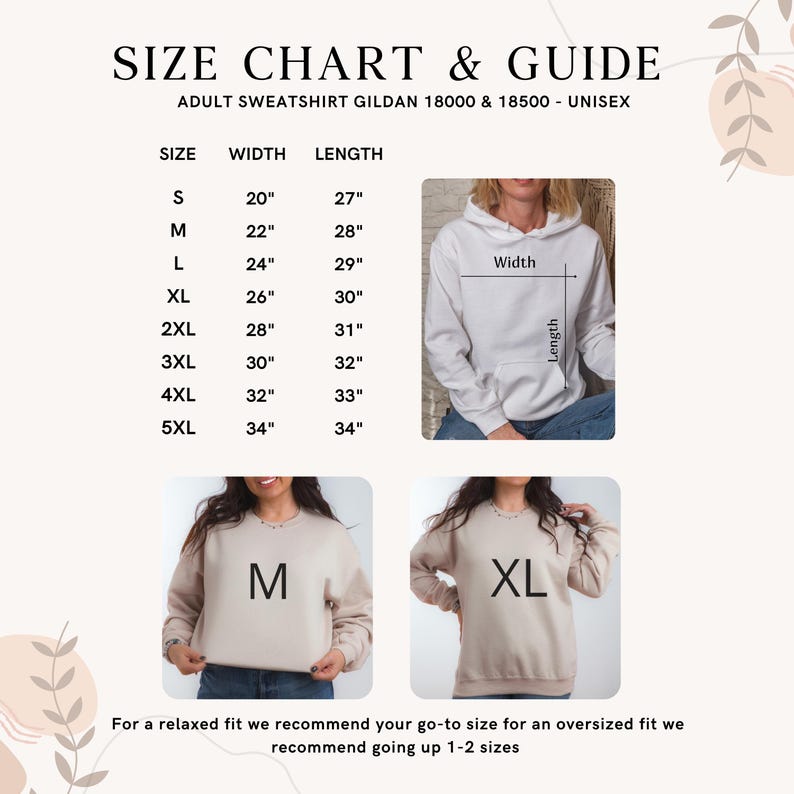 May include: Size chart and guide for adult unisex sweatshirts, with measurements in inches. Sizes range from S to 5XL. The chart shows width and length. The image includes examples of how the sweatshirts fit.