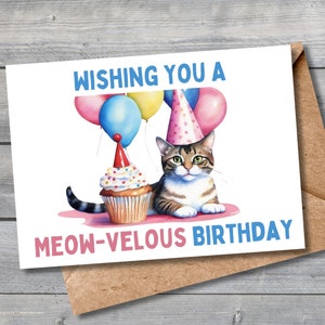 Printable Birthday Card Cat, Cat Happy Birthday Card, Meow-velous Birthday, Birthday Cards, Digital Download, Printable Blank Card