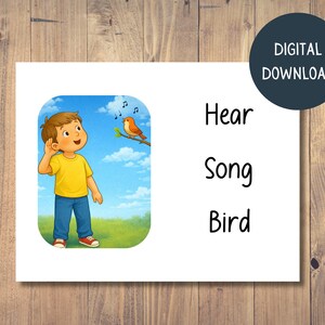 Könnte beinhalten: Digitaler Download mit einer farbenfrohen Illustration eines Kindes, das einem singenden Vogel zuhört. Das Bild enthält die Wörter "Hear Song Bird" und ein Digital-Download-Label.