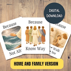 Può includere: Tre stampe artistiche con temi religiosi. Ogni stampa presenta un'illustrazione diversa e la parola "Because". Una mostra una mano sull'acqua, un'altra mostra figure che camminano e l'ultima mostra una persona che tocca il viso di un'altra. È presente anche il testo "HOME AND FAMILY VERSION".
