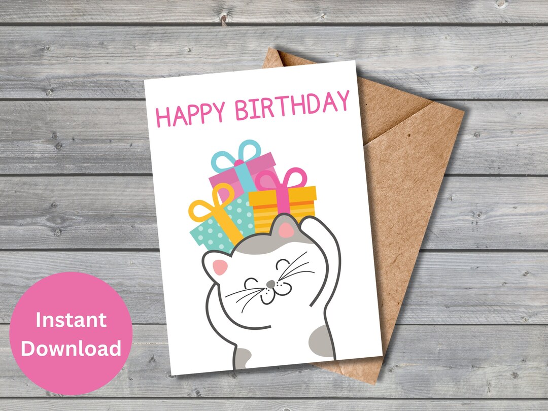 Cute Cat Birthday Card, Digital Download, 5x7 Card Size, Printable ...