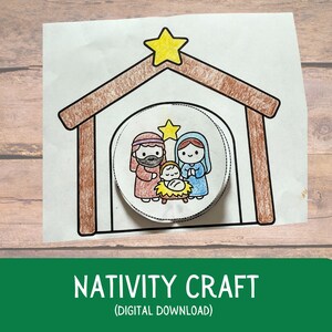 May include: A paper Nativity craft with a brown stable, a yellow star, and a circular image of Mary, Joseph, and baby Jesus. The text "NATIVITY CRAFT (DIGITAL DOWNLOAD)" is at the bottom.