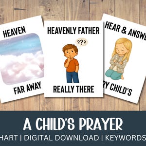 May include: Three illustrated cards with text and images. One card says "Heaven Far Away" with a sky illustration. Another says "Heavenly Father Really There" with a child illustration. The third says "Hear & Answer My Child's" with a child illustration.