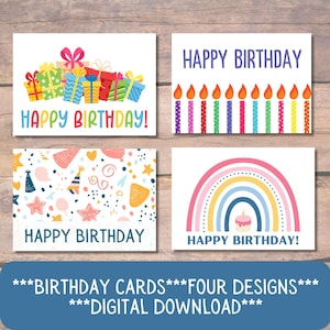 Printable Birthday Card Bundle – 4 Digital 5x7 Designs, Instant Download