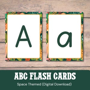 May include: Two flashcards with the letters "A" and "a" on a white background. The cards have a colorful border with a jungle theme. The text "ABC FLASH CARDS" and "Space Themed (Digital Download)" is at the bottom.