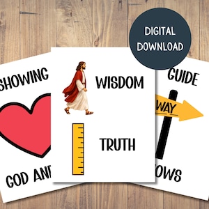 May include: Digital download art prints with religious themes. One print shows a red heart with the words "Showing God and". Another features an illustration of Jesus with the words "Wisdom Truth". The third print has a directional arrow with the words "Guide Way Follows".