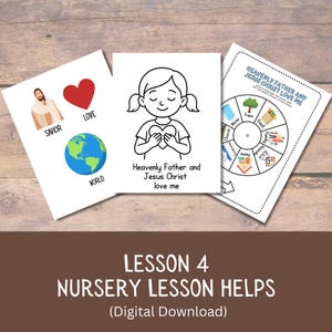 May include: Three white printed cards with religious themes. One card features a drawing of Jesus, a red heart, and a globe. Another card shows a child holding a heart, with the text "Heavenly Father and Jesus Christ love me." The third card is a wheel with illustrations.