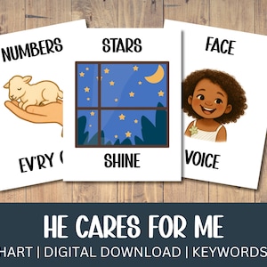 May include: Three white cards with illustrations and text. One card shows a lamb in a hand with the word "NUMBERS" above and "EV'RY" below. Another card has a night sky scene with the word "STARS" above and "SHINE" below. The last card shows a girl's face with the word "FACE" above and "VOICE" below.