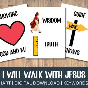 Peut inclure: Trois cartes blanches à thèmes religieux. Une carte montre un cœur rouge avec les mots "SHOWING GOD AND M/". Une autre carte présente une image de Jésus avec les mots "WISDOM TRUTH". La troisième carte a une flèche avec le mot "WAY" et les mots "GUIDE SHOWS".