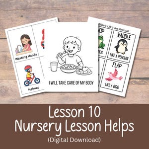 Pode incluir: Um conjunto de cartões educativos para aulas de berçário. Os cartões apresentam ilustrações de atividades infantis, incluindo lavar as mãos, comer e andar de bicicleta. Os cartões também incluem instruções para se mover como animais. O texto "Lesson 10 Nursery Lesson Helps (Digital Download)" está na parte inferior.