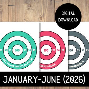 May include: Digital download featuring three target designs with concentric circles in teal, pink, and grey. Each target has numbers 25, 50, 75, and 100. Text includes "I WILL FOLLOW GOD'S PLAN FOR ME", "CHILD'S PRAYER", and "COMMANDMENTS". The bottom banner reads "JANUARY-JUNE (2026)".