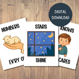 Può includere: Tre biglietti bianchi con illustrazioni e testo. Uno mostra un agnello su una mano con le parole "NUMBERS EV'RY O'". Un altro raffigura una finestra con stelle e le parole "STARS SHINE". L'ultimo mostra un ragazzo con le parole "KNOWS CARES".