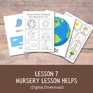 May include: A set of nursery lesson printables featuring illustrations and text. The images include a blue bird, a blue sky, and the text "SONG OF A BLUE". Other images include the earth, sun, moon, stars, flowers, and trees. The text "Jesus Christ Created the World for me" is also present.