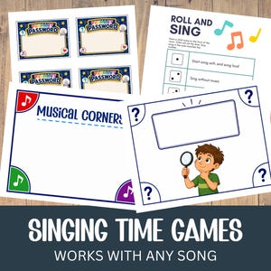 May include: A collection of printable activity sheets for music education, including cards labeled Primary Password, a Roll and Sing instruction sheet with musical notes, a Musical Corners game board, and a card featuring a cartoon character with a magnifying glass.