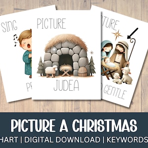 Könnte beinhalten: Drei illustrierte Karten mit Weihnachtsmotiven. Eine Karte zeigt eine singende Figur, eine andere eine Krippenszene und die dritte eine Familie mit einem Baby. Die Karten liegen auf einer Holzoberfläche, mit dem Text "PICTURE A CHRISTMAS" am unteren Rand.