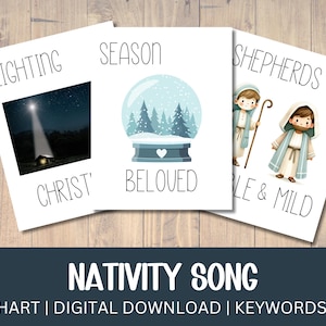 May include: Three white cards with illustrations and text related to the Nativity. One card shows a star shining on a building, another a snow globe, and the last, two shepherds. The words "Lighting Christ'", "Season Beloved", and "Shepherds, Milde & Mild" are written on the cards. The words "Nativity Song" are written at the bottom.