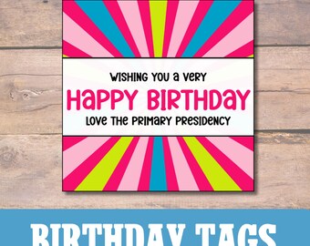 LDS Primary Birthday Gift or Treat Tags | Bright Colors (Digital Download)