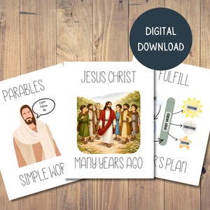 Può includere: Tre carte bianche con illustrazioni e testo religiosi. Una carta dice "Parables" con un'illustrazione di Gesù e le parole "Come Follow Me". Un'altra carta dice "Jesus Christ Many Years Ago" con un'illustrazione. La terza carta dice "Fulfill."