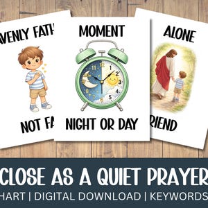 May include: Three white cards with illustrations and text. One card shows a boy with the text "HEAVENLY FATHER" and "NOT FAR". Another card has a green clock with the text "MOMENT" and "NIGHT OR DAY". The last card shows Jesus and a boy with the text "ALONE" and "FRIEND".