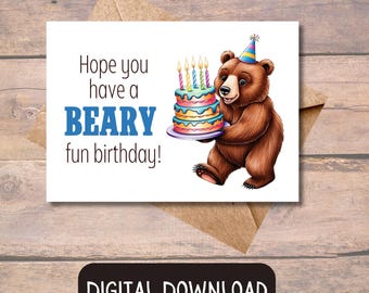 Printable Bear Birthday Card for Kids (Digital Download)