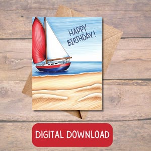 Pacote de cartões de aniversário de praia, cartão de aniversário de veleiro, cartões de aniversário para impressão, download digital, cartão de aniversário digital, amantes da praia