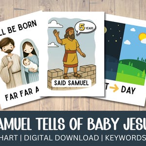 May include: Three illustrated cards with religious themes. One card shows Mary, Joseph, and baby Jesus with the text "WILL BE BORN FAR FAR A." Another depicts a man with the text "SAID SAMUEL" and "5 YEARS." The third card shows night and day.
