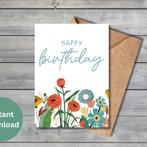 Cartão de aniversário, cartão de aniversário floral para impressão, download digital, tamanho de cartão 5x7, flores de aniversário, cartão de aniversário para download