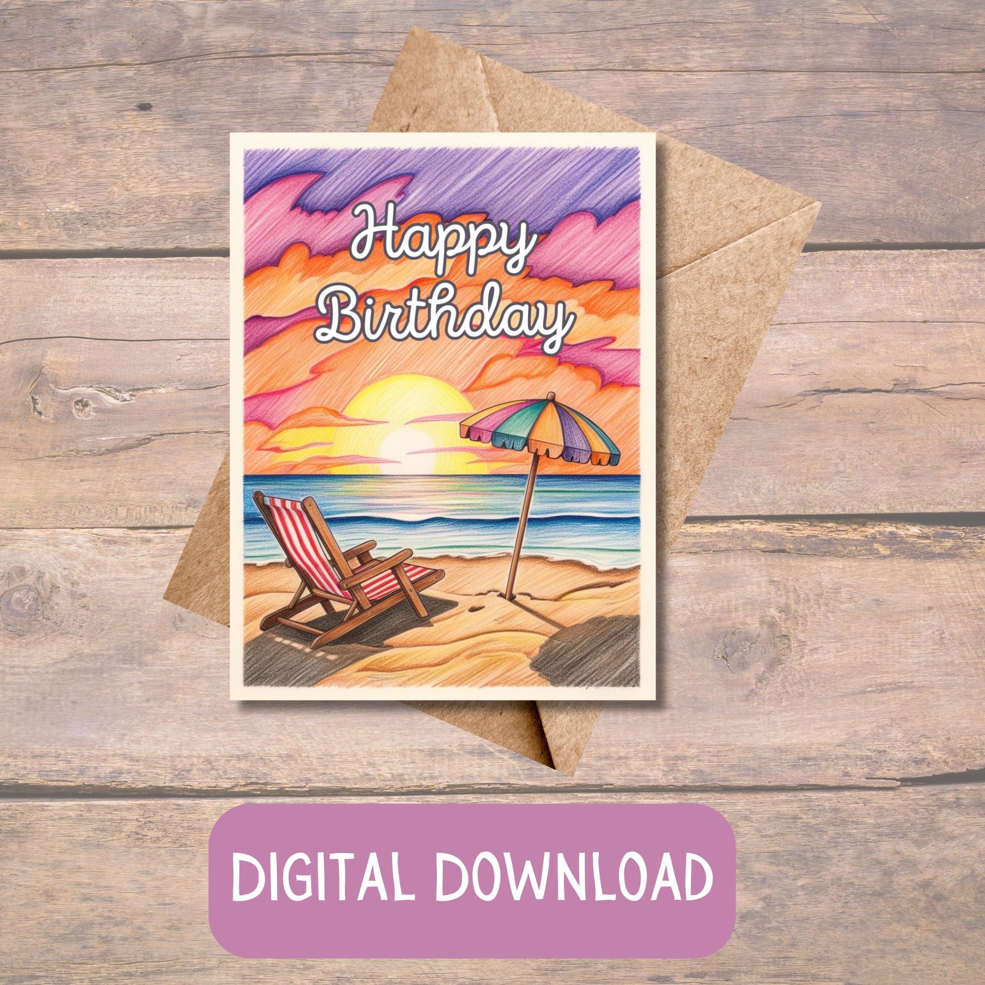Printable Birthday Cards, Beach Birthday Card, Seashore Birthday Cards