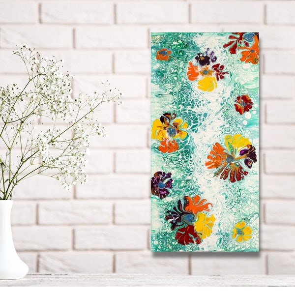 Gorgeous Colorful flower field acrylic pouring painting. Original Modern home Decor Fluidart.