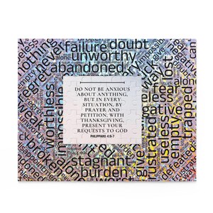 May include: A colorful jigsaw puzzle with a Bible verse from Philippians 4:6-7. The verse reads "Do not be anxious about anything, but in every situation, by prayer and petition, with thanksgiving, present your requests to God." The background of the puzzle is a colorful word cloud with words like "failure", "unworthy", "trapped", "lost", "fear", "worthless", "empty", "regret", "weak", "negative", "disappointment", "burden", "stagnant", "useless", and "broken".