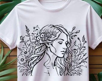 Plotter file &quot;Florali - The Flowery Muse&quot;; Format: SVG, PDF, PNG; Woman with flowers in her hair, Art Line, line drawing, art, plotter file