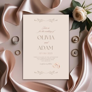 Tarjeta de invitación de boda elegante, clásica, bonita, divertida, con clase, color crema, con impresión digital, fácil de editar, descarga instantánea, tarjeta encantadora.