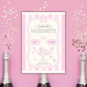 Carte d'invitation numérique modifiable d'enterrement de vie de jeune fille amusante et amusante, Cocktails mignons, modèle coeurs rose clair, noeuds d'invitation