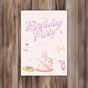 Convite fofo e divertido para festa de aniversário de meninas e mulheres, rosa, adorável, para todas as idades, crianças e adultos, cartão de aniversário divertido - download instantâneo editável