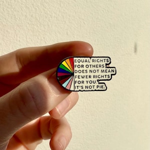 May include: A colorful enamel pin with a rainbow pie chart design and the text "EQUAL RIGHTS FOR OTHERS DOES NOT MEAN FEWER RIGHTS FOR YOU. IT'S NOT PIE." The pin is held between fingers.
