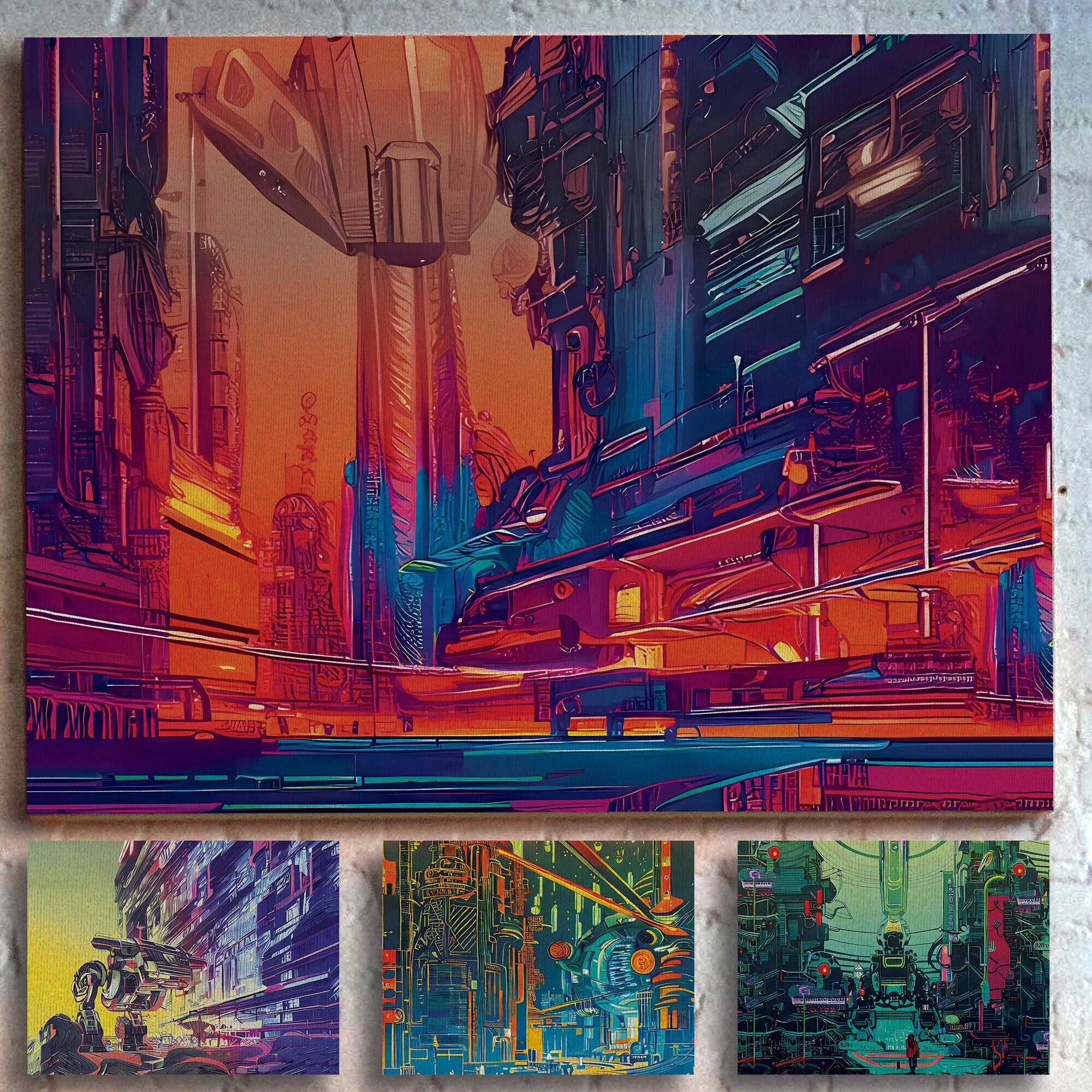 4x Robots & Sci-fi Themed Neon Cityscape Printable Artwork Digital Download 4000x3000 PNG Wall Art