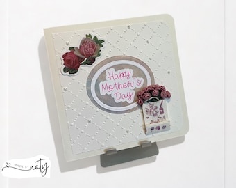 Carte de fête des mères faite main, pochette cadeau 3D miniature avec roses, motif en treillis en relief et accents de perles