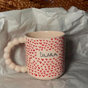 Custom personalized name handmade ceramic mug, red heart ceramic mug with handle, gift handmade ceramic coffee mug pottery new year